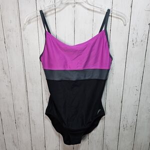 Speedo Women’s One Piece Swimsuit Colorblock Black Gray Pink Padded Cups Size 12